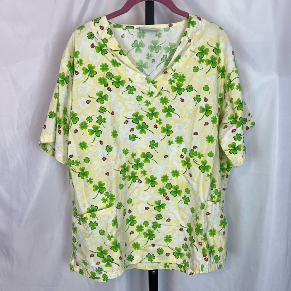 UA Scrubs Yellow Three Leaf Clover Print Scrub Top